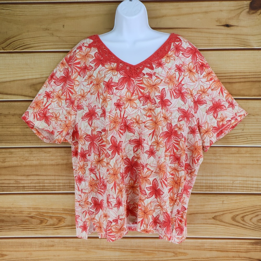 White Stag Blouse Shirt Womens 22W/24W Orange Floral Cotton V-Neck Short Sleeves